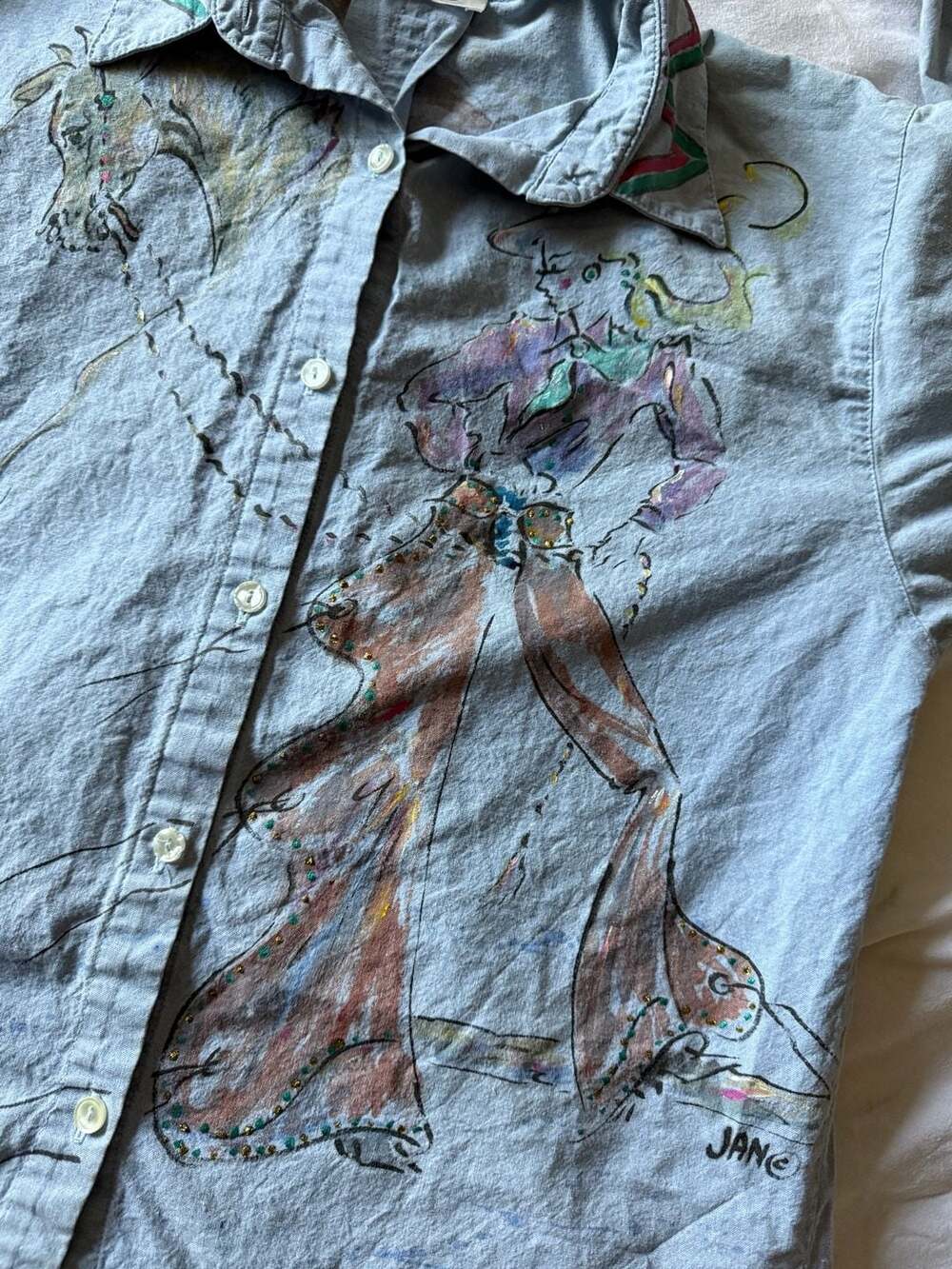 Vintage Hand Painted Horse and Cowgirl Denim Button Down Shirt